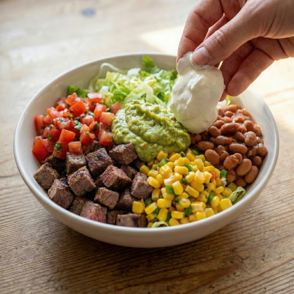 소고기, 살사 소스, 과카몰리, 치즈 등 모든 재료를 플레이팅한 완벽한 홈메이드 치폴레(치콜레) 브리또 볼