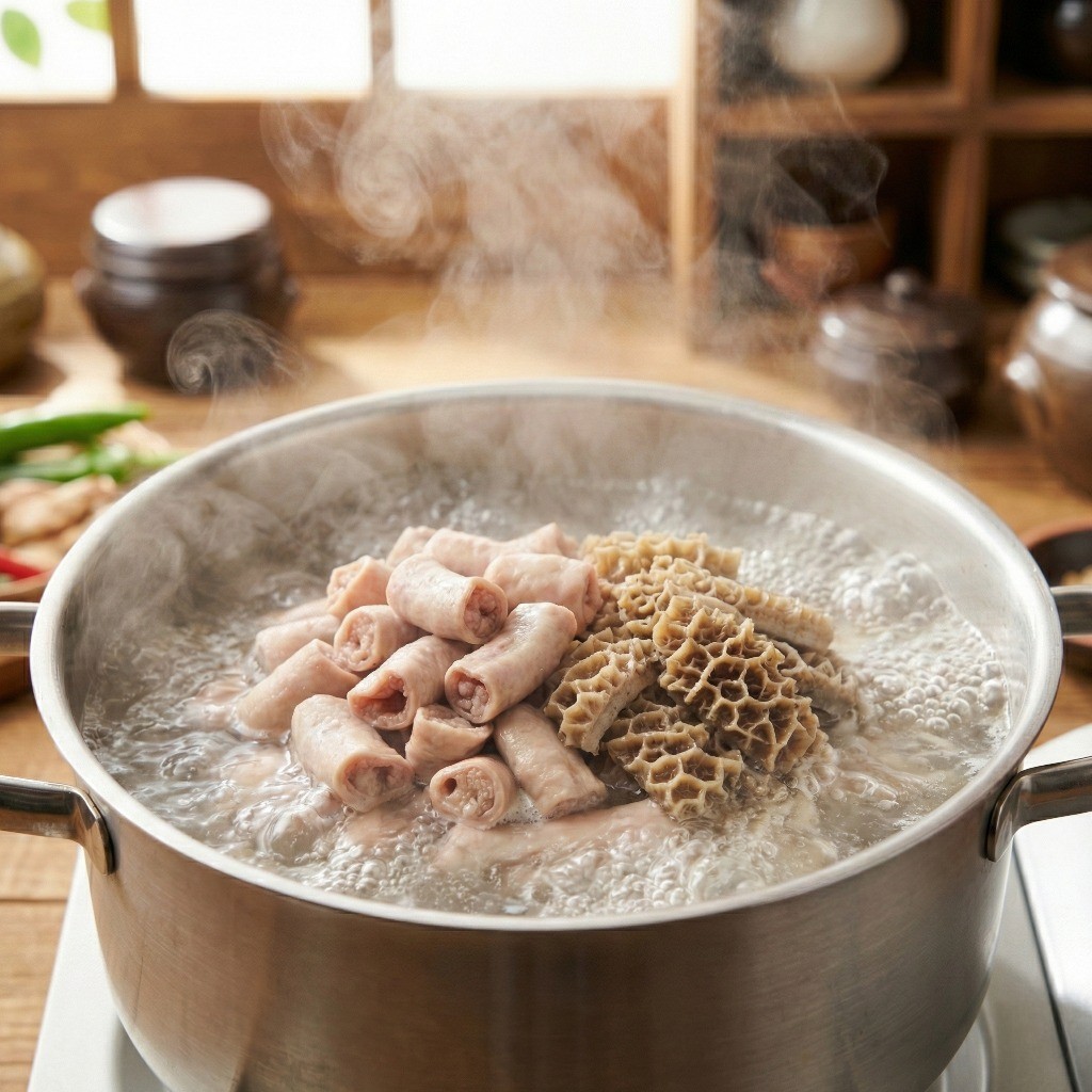백종원 곱창라면 레시피 1단계: 손질된 소곱창과 깐양을 끓는 물에 푹 삶는 과정