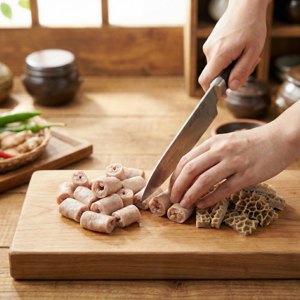 백종원 곱창라면 레시피 2단계: 부드럽게 삶아진 소곱창과 양을 먹기 좋은 크기로 써는 방법