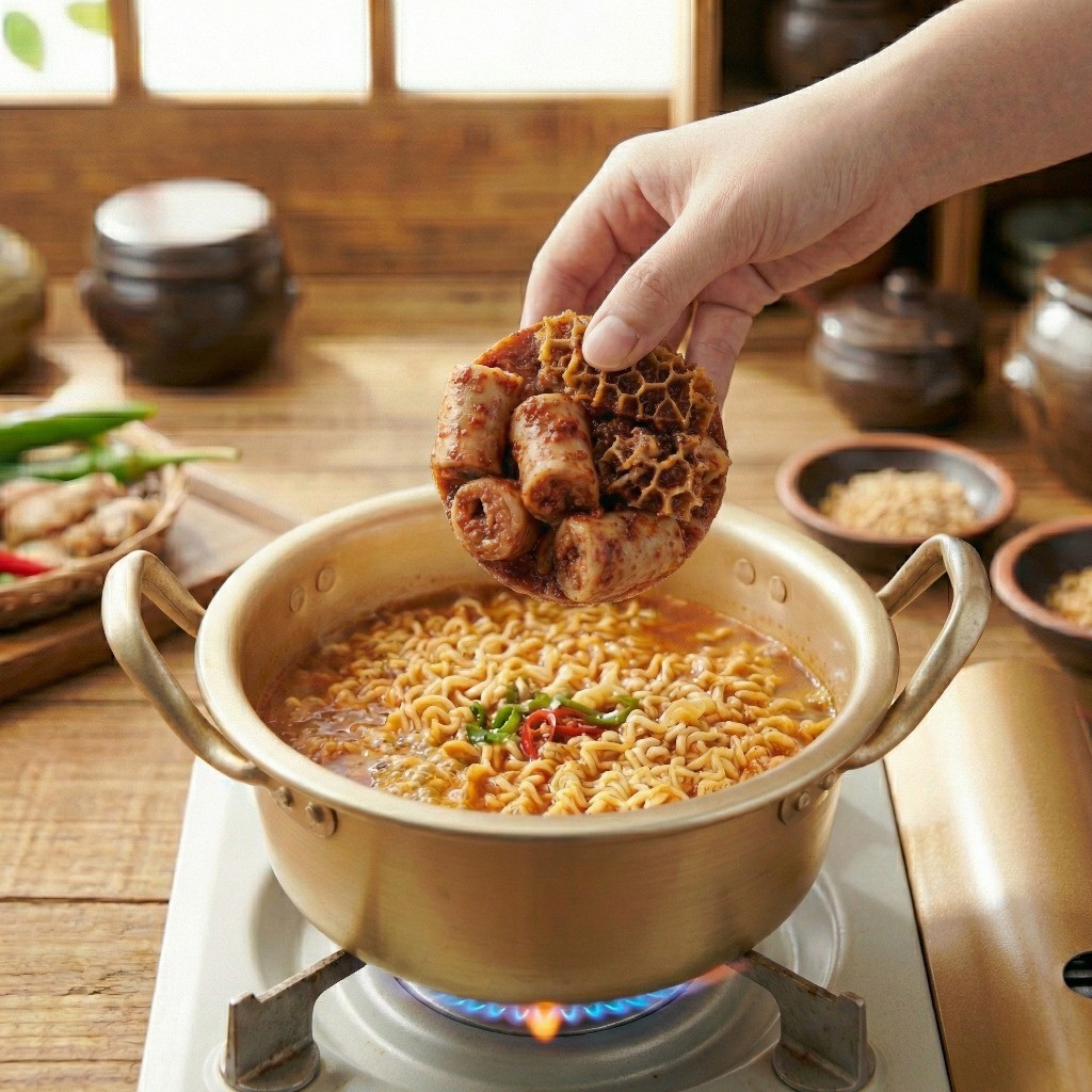 백종원 곱창라면 끓이는 법: 끓는 라면에 해동 없이 얼린 만능곱창무침을 그대로 넣는 과정