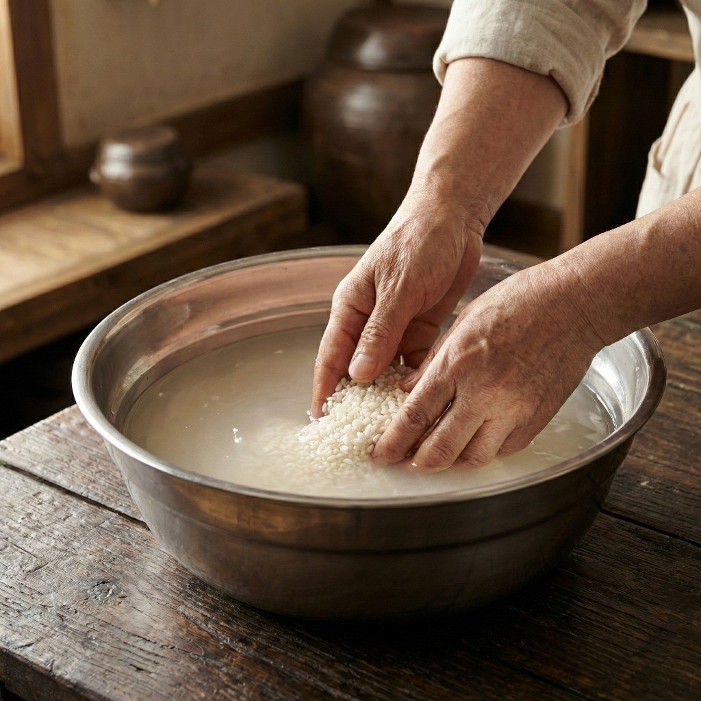 수제 막걸리 만들기 1단계: 맑은 물이 나올 때까지 멥쌀 씻기(백세)