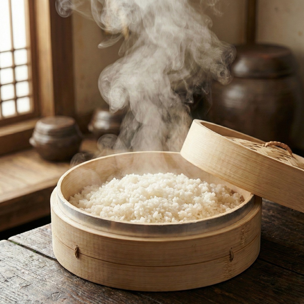 전통주 빚기 2단계: 찜기를 이용해 막걸리용 고두밥 찌는 과정