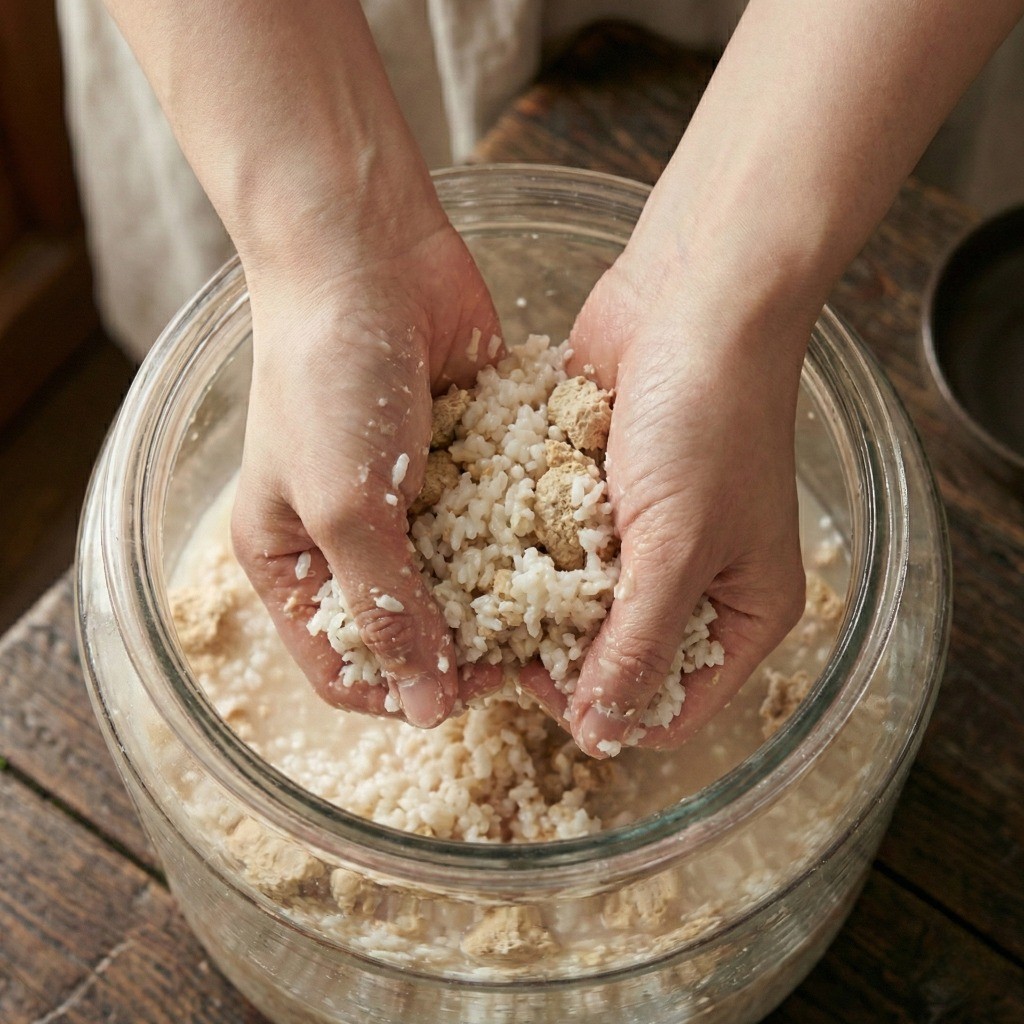 백종원 막걸리 레시피: 식힌 고두밥과 누룩, 효모를 골고루 버무리는 모습