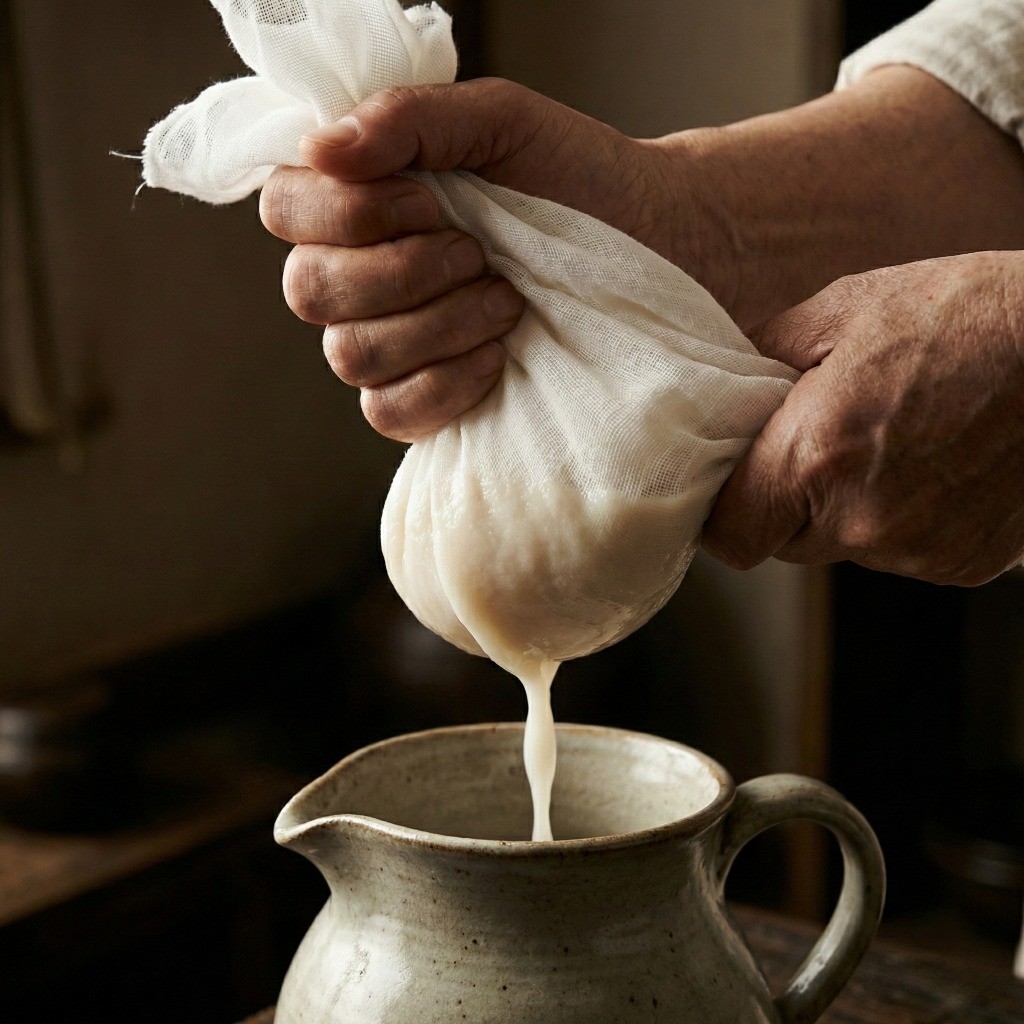 수제 막걸리 완성 6단계: 면포로 걸러낸 진한 막걸리 원액(원주)