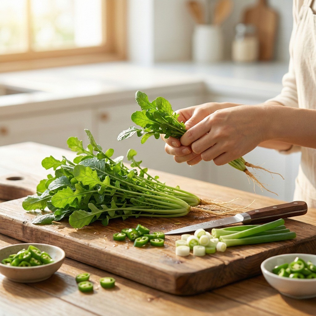 봄나물 요리의 핵심인 신선한 냉이와 채소들을 깨끗하게 손질하는 과정