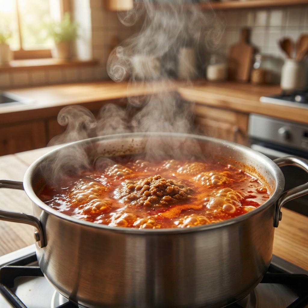 끓는 물 600ml에 라면 스프와 재래식 된장을 풀어 깊은 국물 맛을 내는 모습