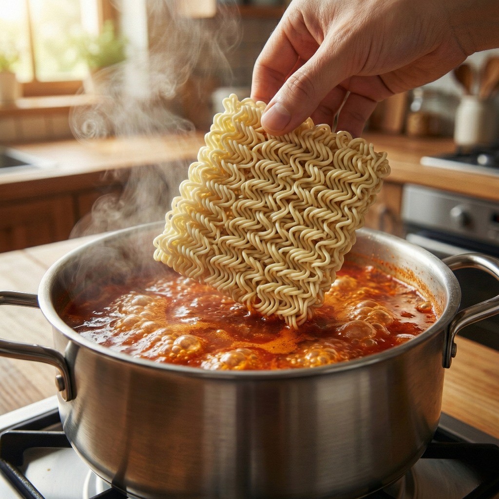 구수한 된장 라면 국물에 꼬들꼬들한 라면 면발을 넣고 끓이는 장면