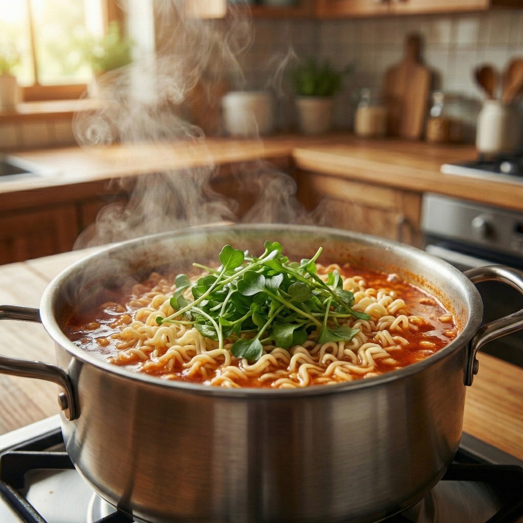 반쯤 익은 면 위에 신선한 냉이와 대파, 청양고추를 듬뿍 얹어 향을 더하는 모습