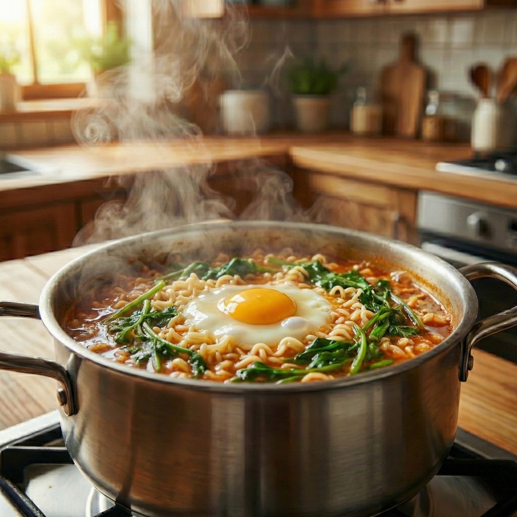 냉이된장라면에 달걀을 넣고 잔열로 익혀 완성하는 마지막 조리 단계