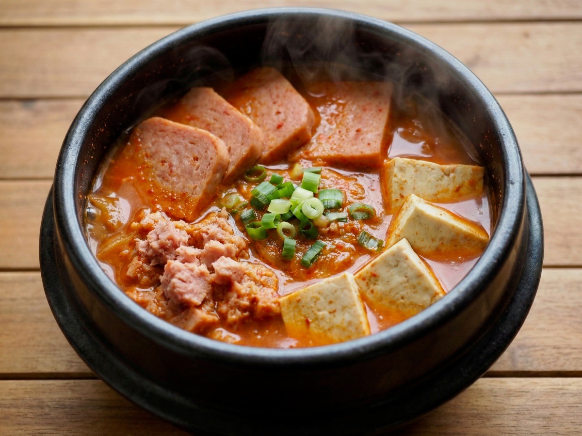 백종원 햄 김치찌개 완성된 모습, 통조림 햄과 두부가 듬뿍 들어간 얼큰한 찌개