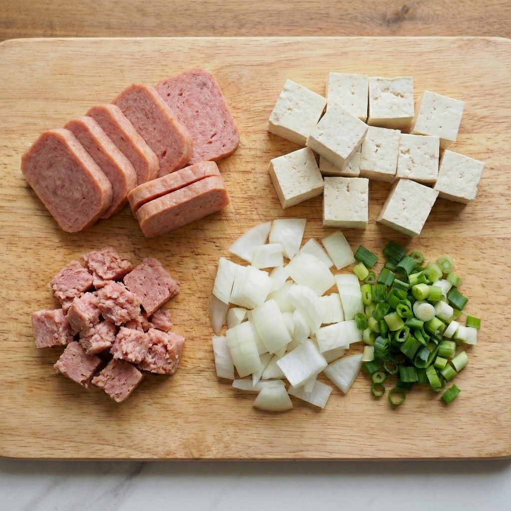 통조림 햄, 양파, 대파, 두부 등 햄 김치찌개 재료를 먹기 좋게 썰고 으깬 모습