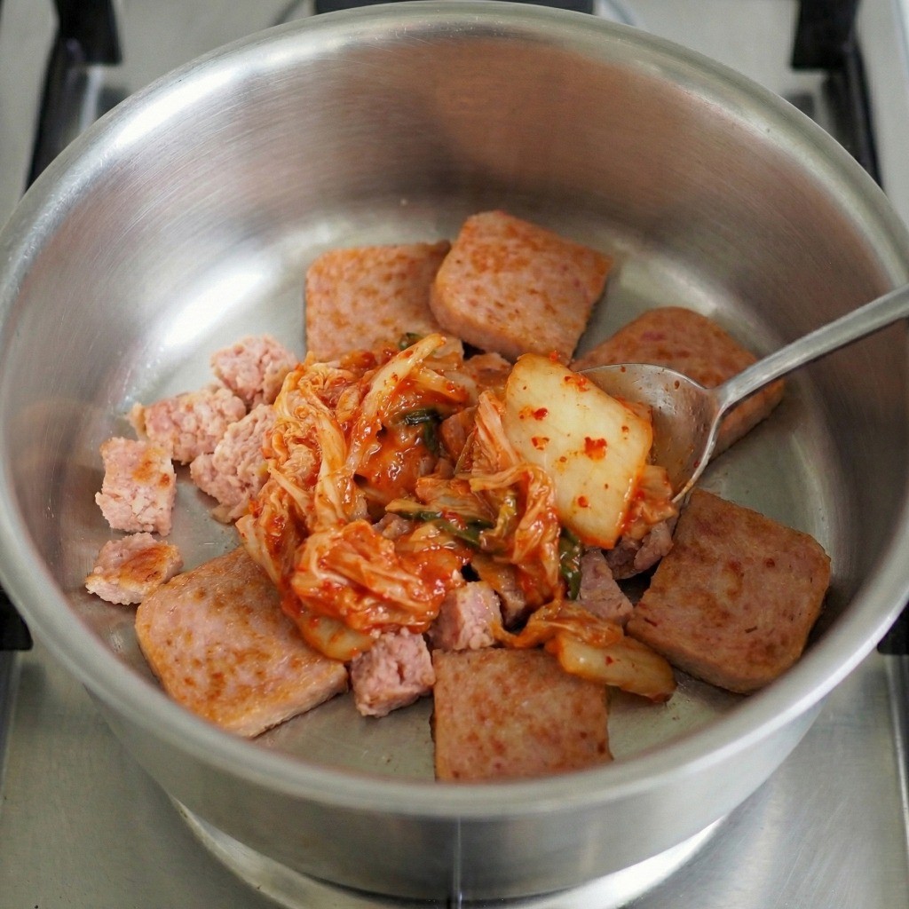 노릇하게 볶은 햄에 묵은지(신김치)를 듬뿍 넣고 함께 달달 볶는 모습