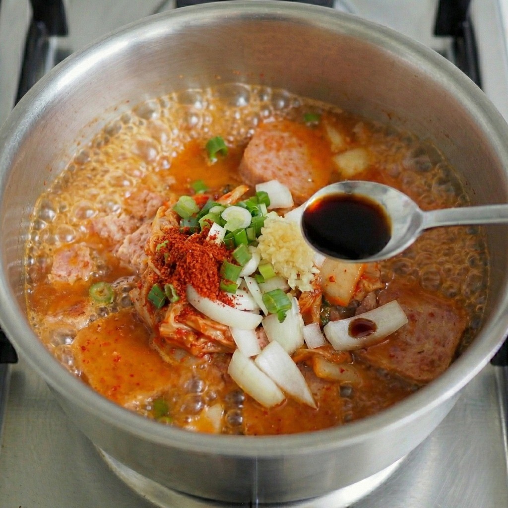 보글보글 끓는 김치찌개에 다진 마늘, 고춧가루, 국간장, 새우젓으로 얼큰하게 간을 맞추는 모습