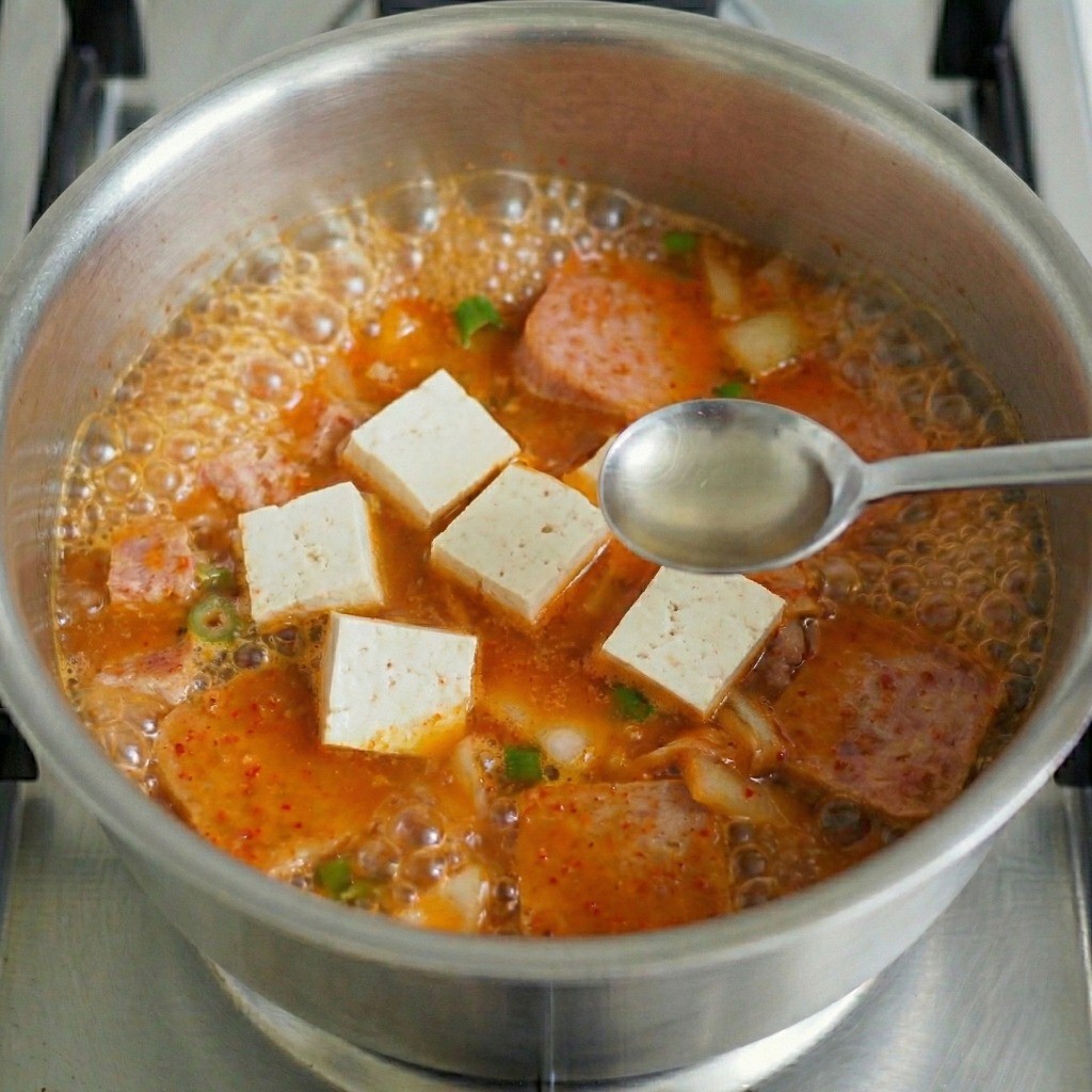 두부를 넣고 끓인 김치찌개에 백종원 비법인 식초 한 스푼을 넣어 감칠맛을 더하는 마지막 조리 과정