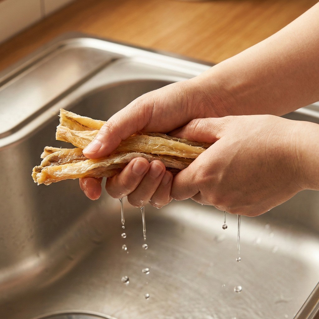 황태 미역국 끓이는 법 1단계: 물에 살짝 적셔 물기를 짠 부드러운 황태포 준비