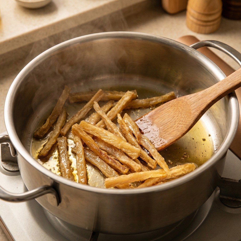 황태 미역국 끓이는 법 2단계: 냄비에 참기름을 두르고 황태포를 타지 않게 볶는 과정