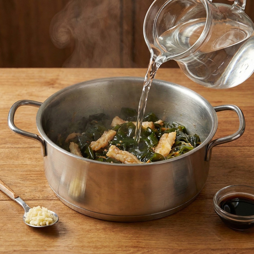 백종원 미역국 레시피 4단계: 볶은 재료에 물을 붓고 다진 마늘, 국간장, 액젓으로 시원한 국물 양념하기