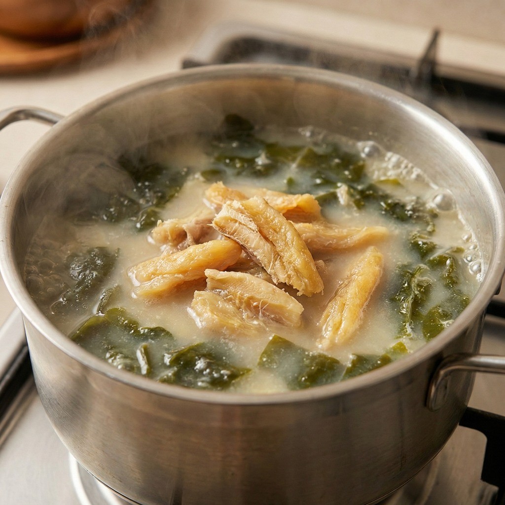 20분 이상 푹 끓여 사골 육수처럼 뽀얗게 우러난 백종원 황태 미역국 완성 모습