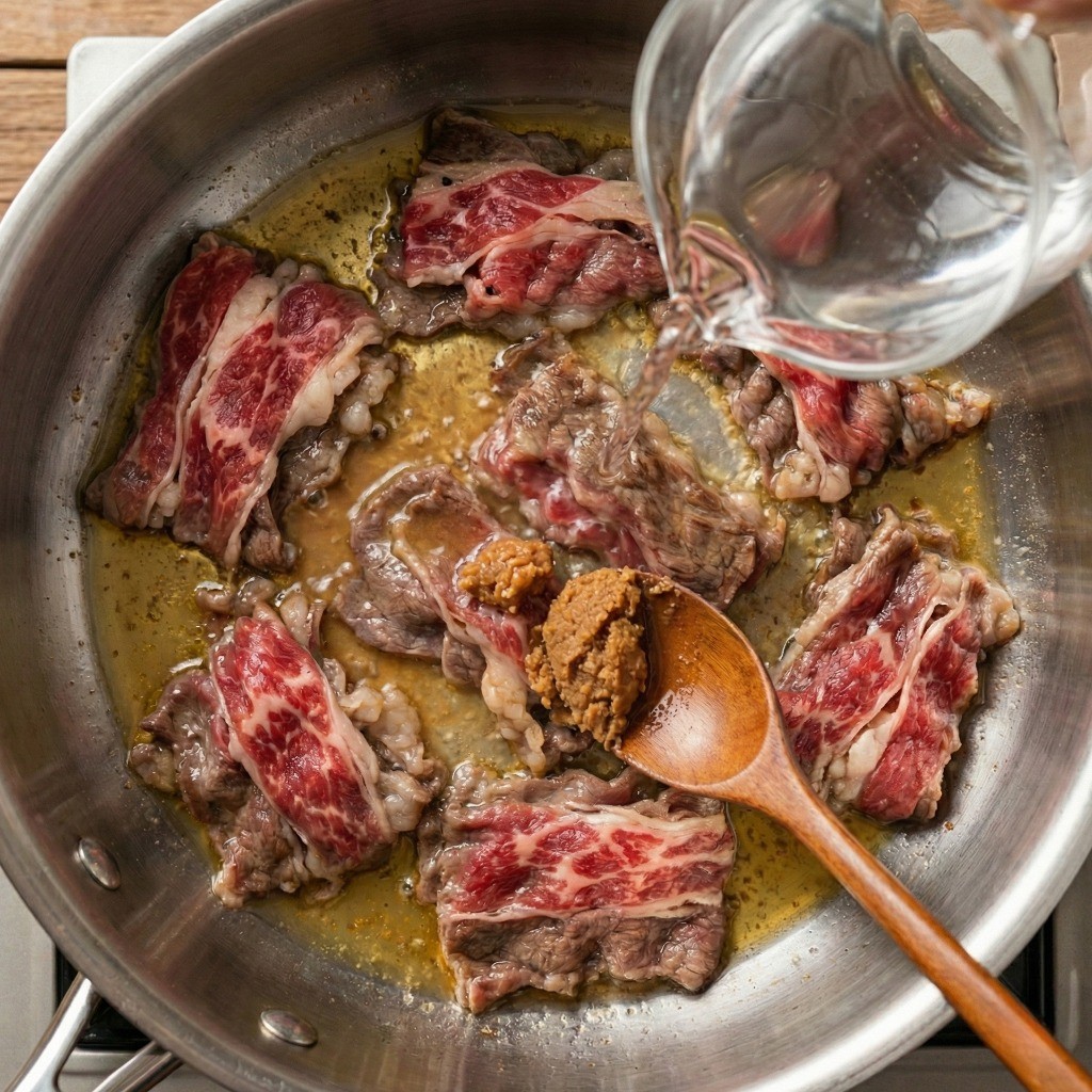 된장찌개 황금레시피: 고기 기름에 물을 붓고 재래식 된장을 푸는 과정