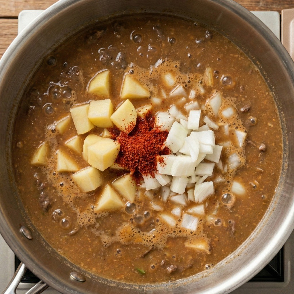 차돌박이 된장찌개 맛있게 끓이는 법: 감자, 양파 등 채소와 고춧가루 양념 넣기