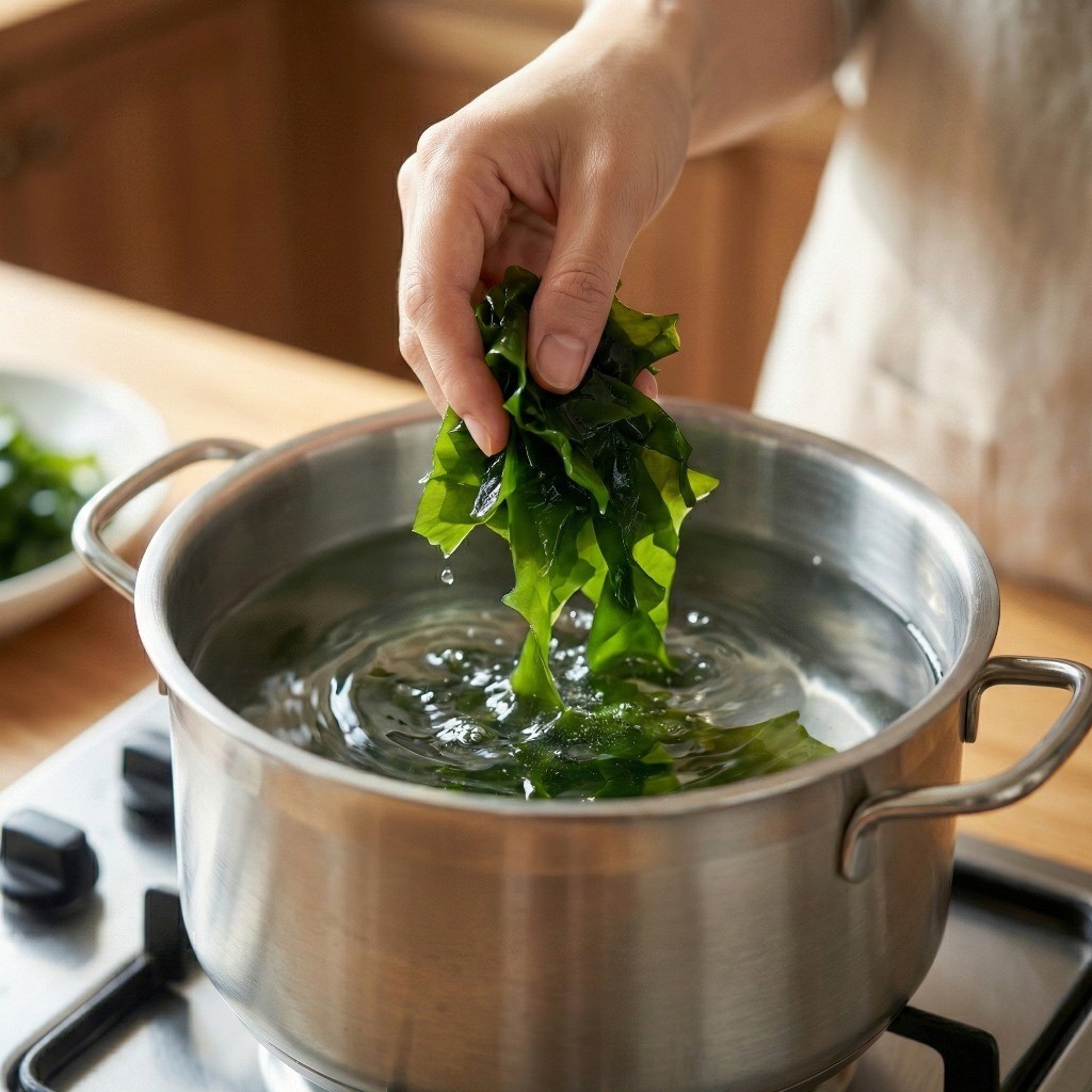 냄비에 넉넉한 물과 불린 미역을 넣고 끓이는 고기 없는 미역국 조리 과정