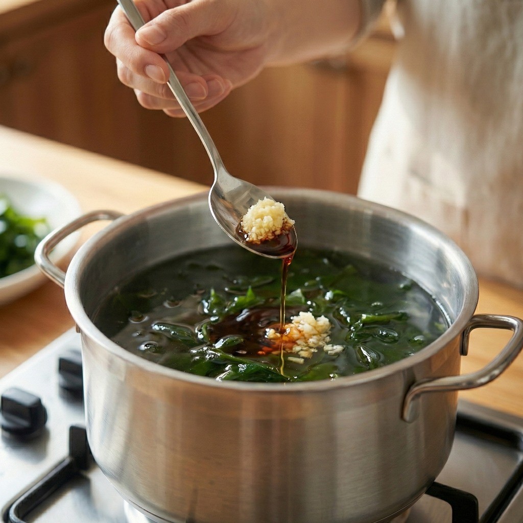 국간장, 다진마늘, 멸치액젓으로 맑은 미역국의 깊은 감칠맛을 내는 양념 과정