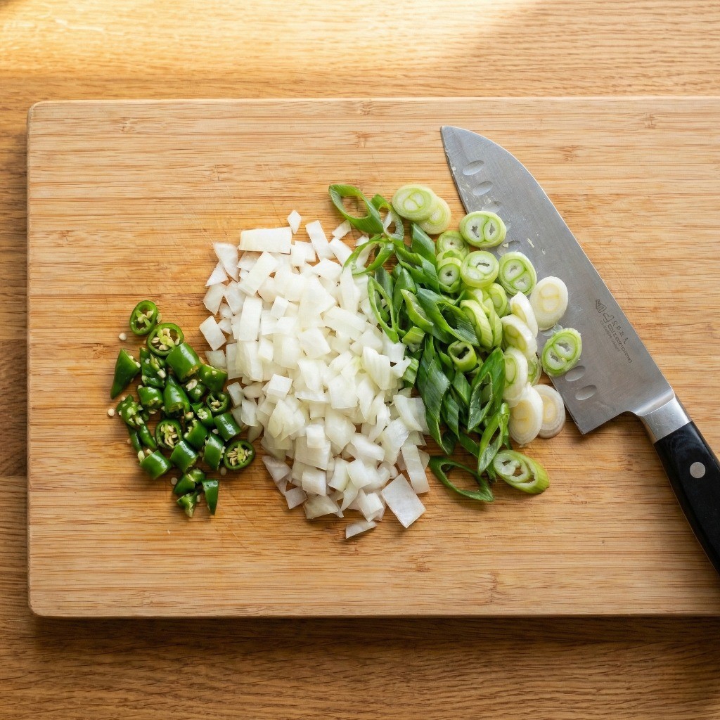 참치김치찌개 맛있게 끓이는 법 1단계: 대파, 양파, 청양고추 등 찌개용 야채 재료를 알맞게 손질하는 모습