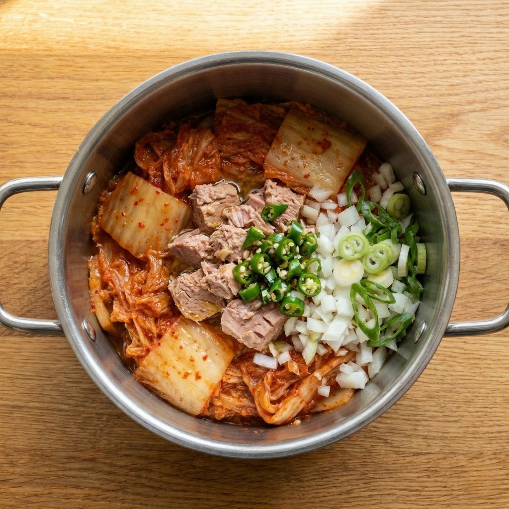 참치김치찌개 조리 3단계: 냄비에 푹 익은 신김치와 남은 참치캔 기름, 채소를 모두 담아 끓이기 전 재료를 세팅한 모습