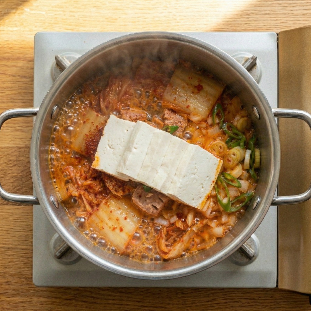 참치김치찌개 황금레시피 완성: 멸치맛 다시다로 감칠맛을 더하고 두부를 올려 끓여낸 저녁 추천 메뉴 참치김치찌개