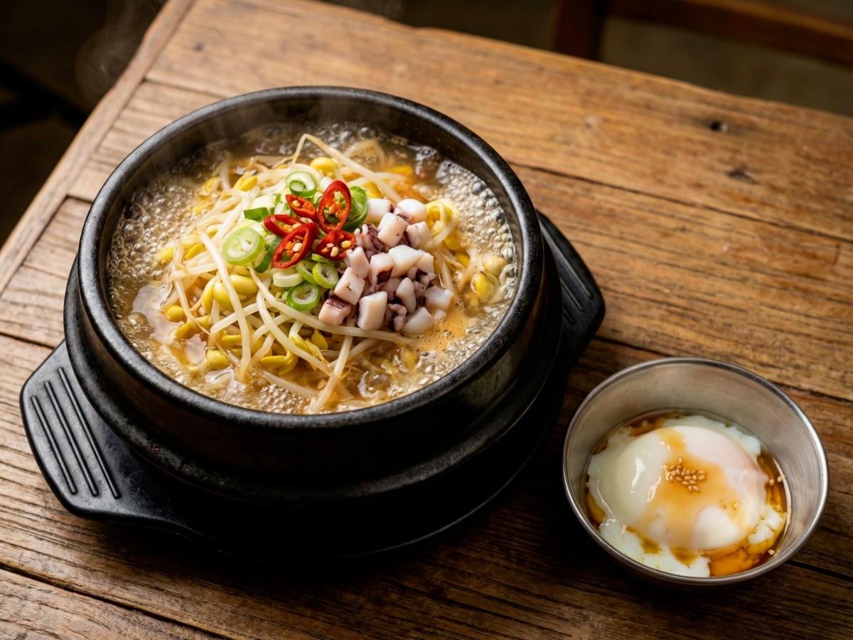 백종원 레시피로 만든 완벽한 숙취해소용 콩나물 해장국과 부드러운 수란 완성 모습