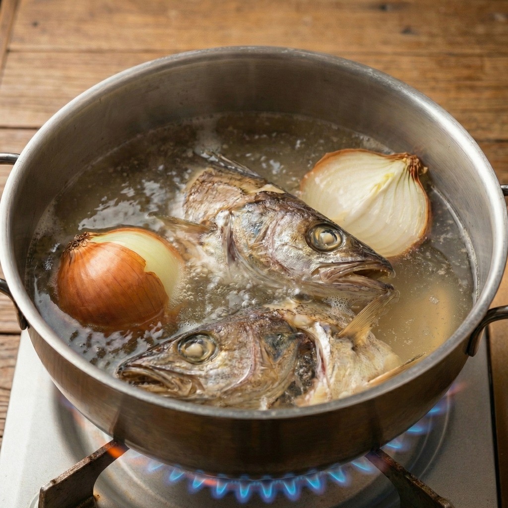 해장국 만드는 법 1단계: 북어 대가리와 껍질째 썬 양파를 넣어 깊은 맛을 내는 콩나물 국밥 육수 끓이기