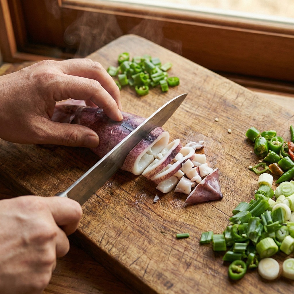 오징어 콩나물국 고명 준비: 살짝 데친 오징어를 잘게 다져 감칠맛을 더하는 손질 과정
