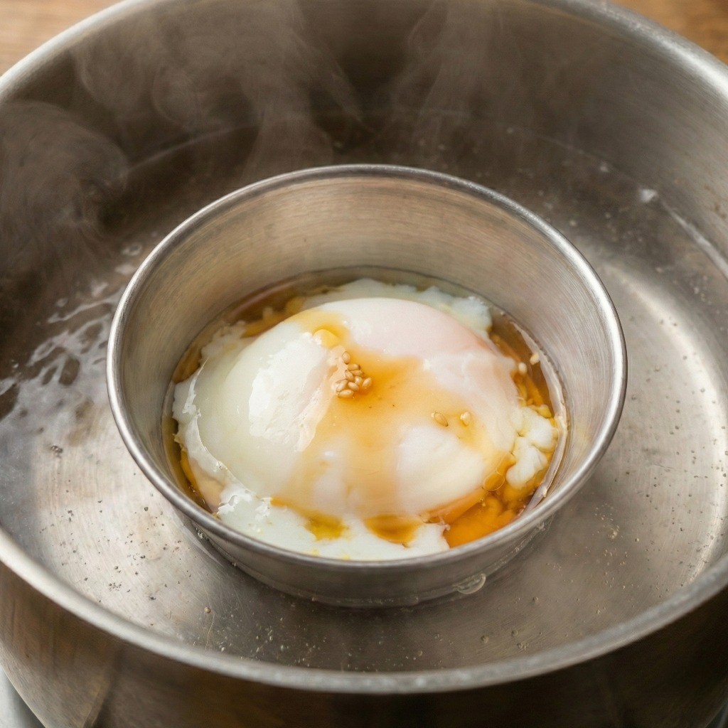 수란 만들기 레시피: 참기름을 바른 그릇에 달걀을 깨 넣고 중탕하여 부드럽게 익히는 과정