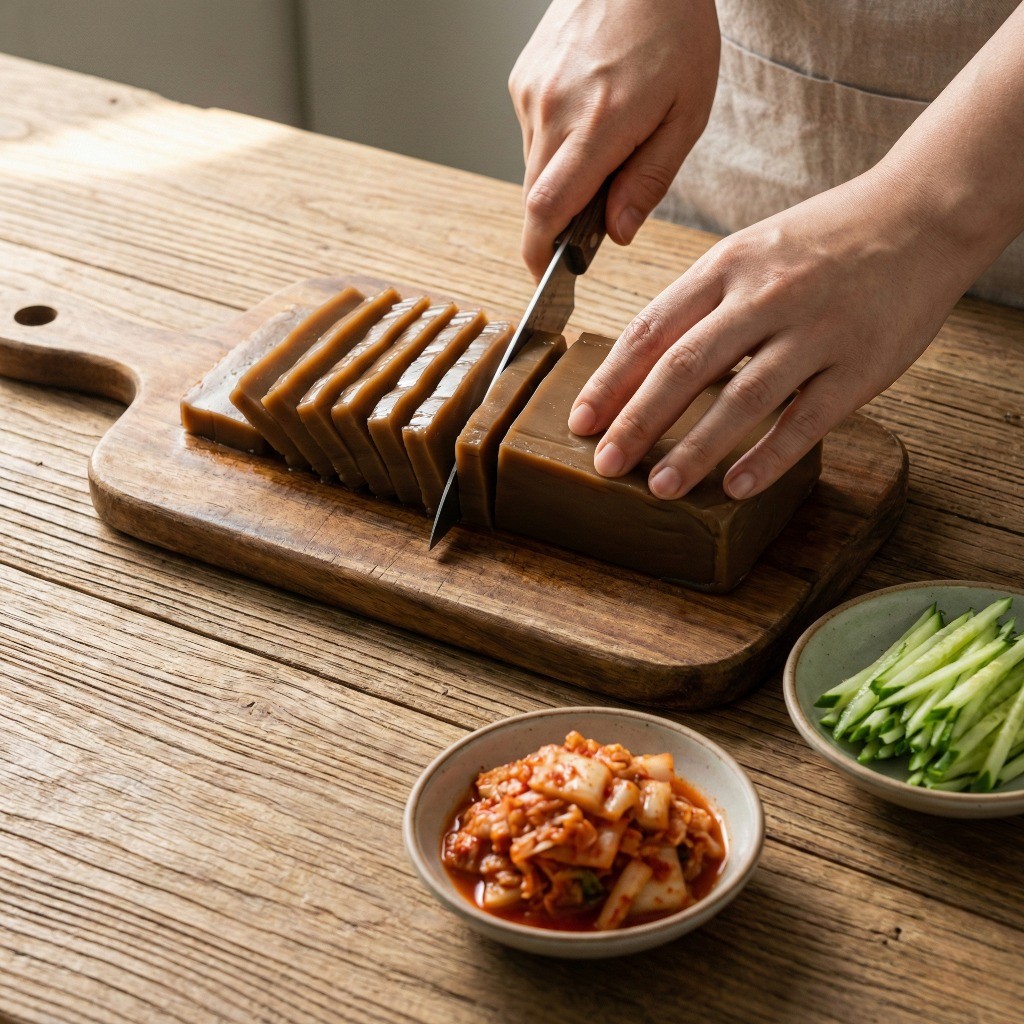 도토리묵사발 만들기 1단계 - 도토리묵 반 모와 신김치, 오이 등 채소 썰기