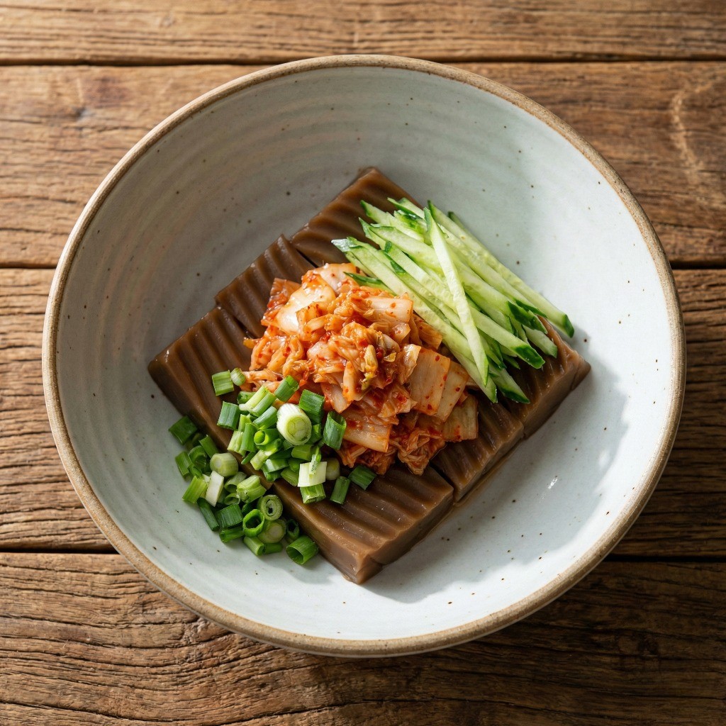 도토리묵사발 그릇 세팅 - 채 썬 도토리묵 위에 김치, 오이, 대파, 고추 고명 올리기