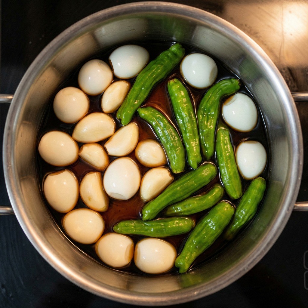 메추리알 장조림 황금 레시피 2단계: 냄비에 깐 메추리알, 통마늘, 꽈리고추, 간장 양념을 한 번에 모두 넣은 모습
