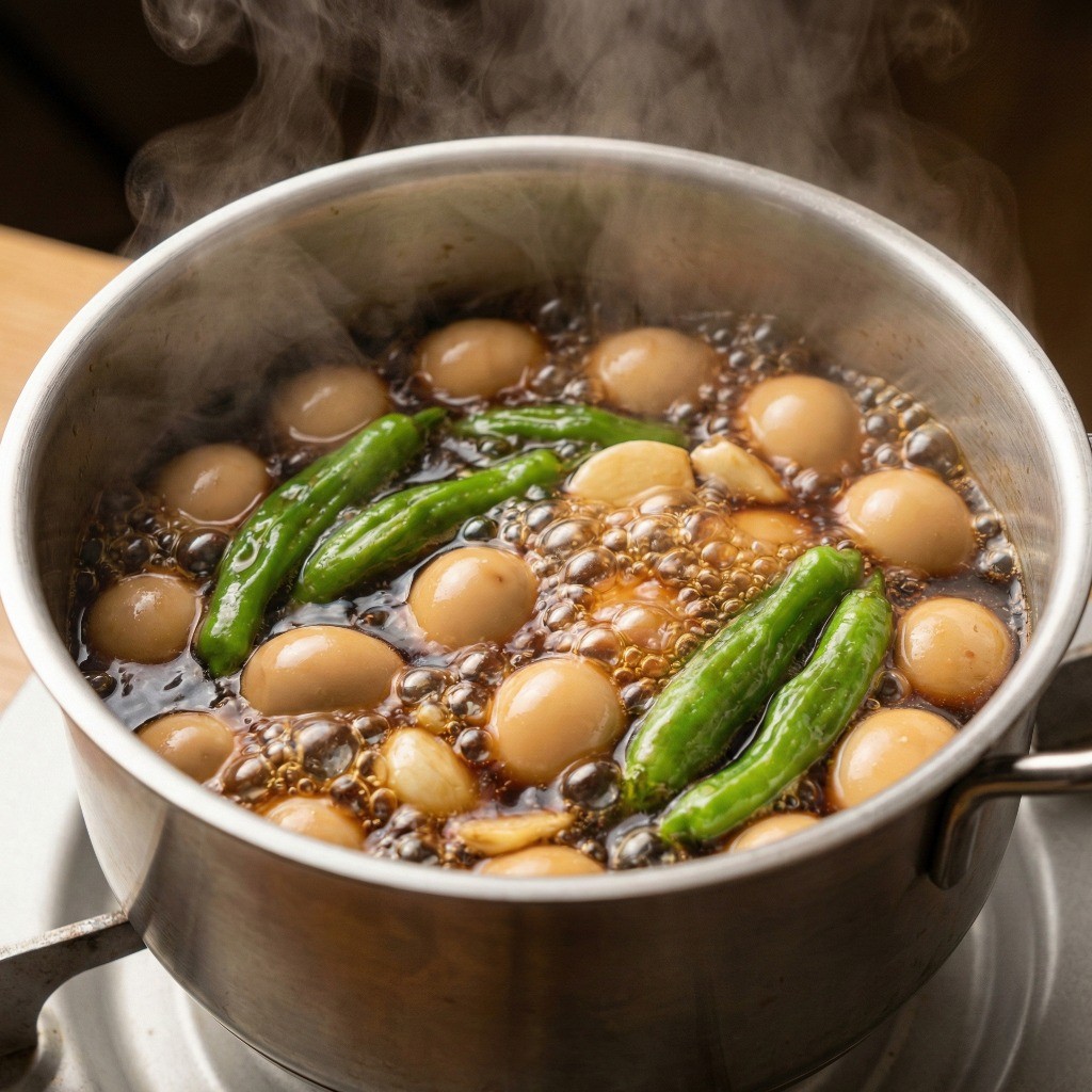 고기 없는 초간단 장조림 레시피 3단계: 간장 양념과 함께 강불에서 바글바글 끓고 있는 메추리알