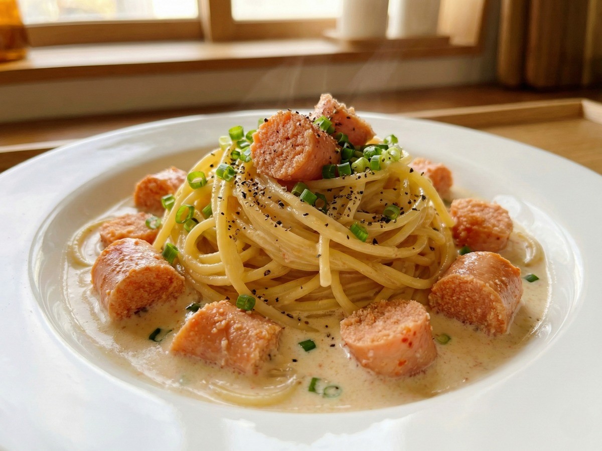 완성된 백종원 명란 크림 파스타 접시, 송송 썬 쪽파와 큼직한 명란이 올려진 먹음직스러운 모습