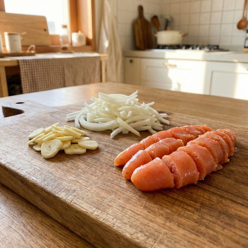 명란 파스타 재료 손질: 편 썬 마늘, 채 썬 양파, 큼직하게 자른 명란젓