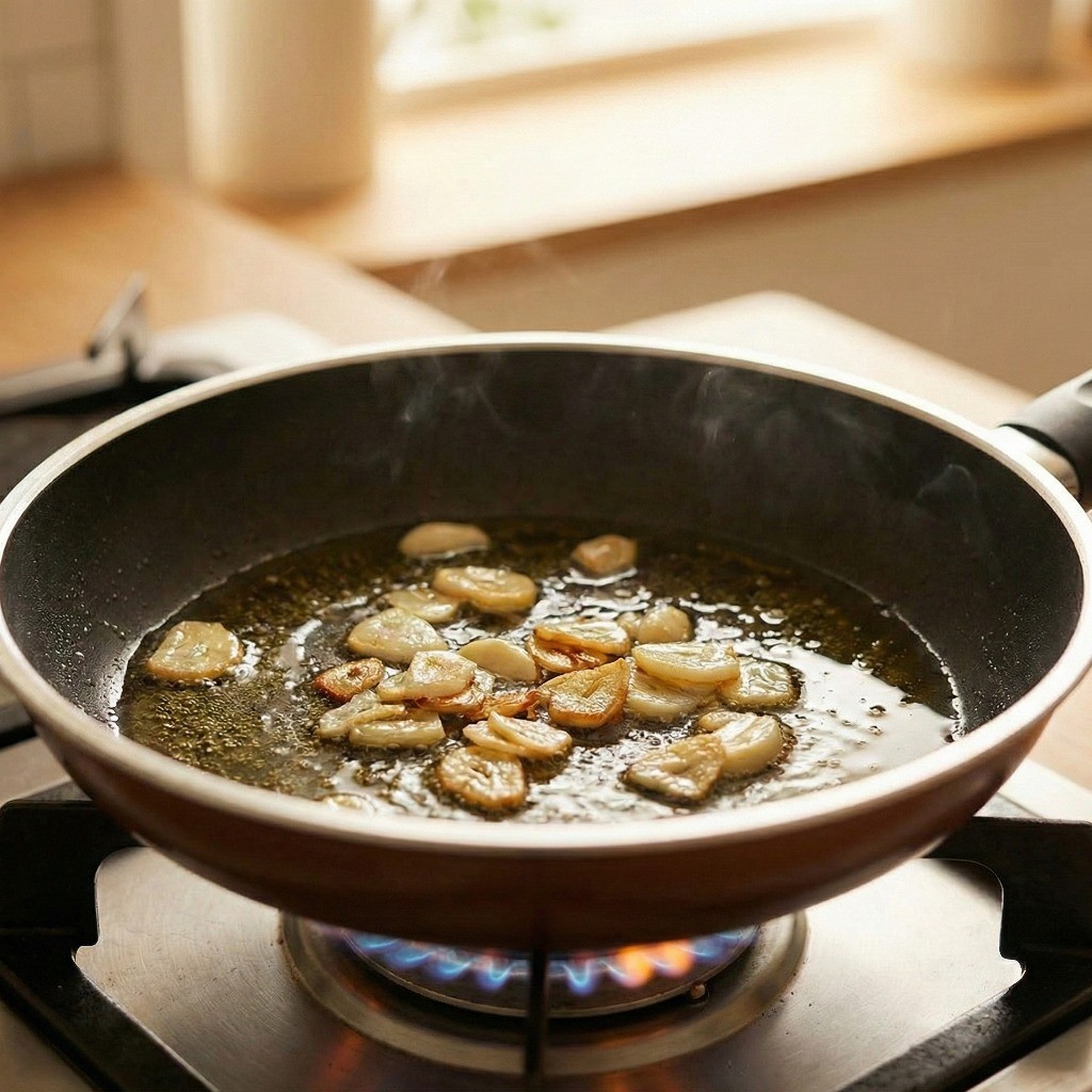 프라이팬에 올리브유를 두르고 마늘을 노릇하게 볶아 고소한 마늘 기름을 내는 모습
