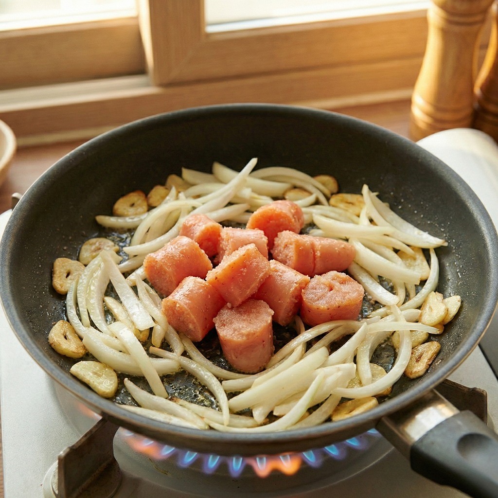 마늘 기름에 채 썬 양파와 덩어리 명란젓을 넣고 살짝 볶아 풍미를 더하는 과정