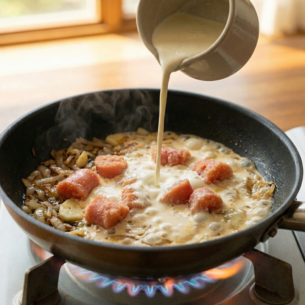 명란과 채소에 생크림을 붓고 보글보글 끓여 꾸덕하고 진한 크림 소스를 만드는 모습