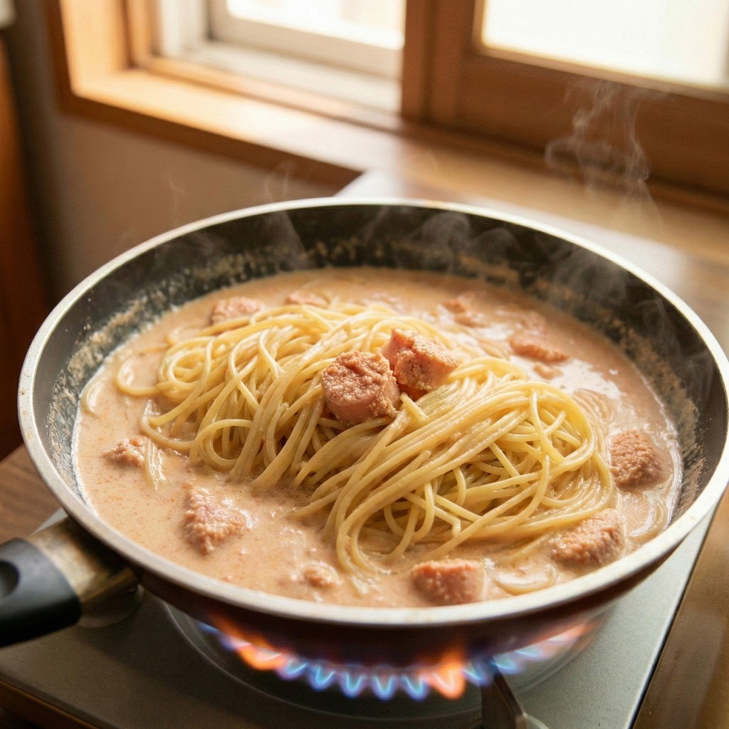 끓는 명란 크림 소스에 삶은 파스타 면을 넣고 버무려 요리를 완성하는 단계