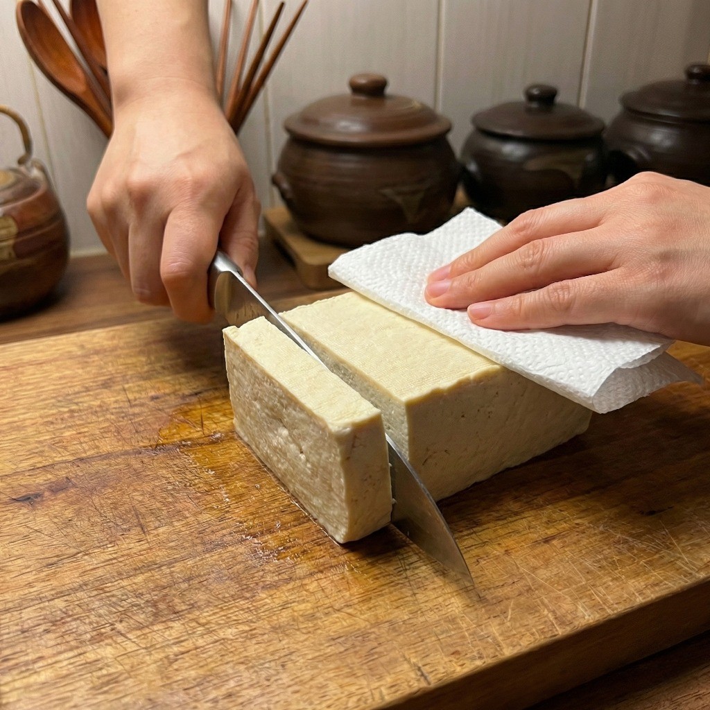 손두부를 도톰하게 썰어 키친타월로 물기를 제거하는 두부부침 준비 과정