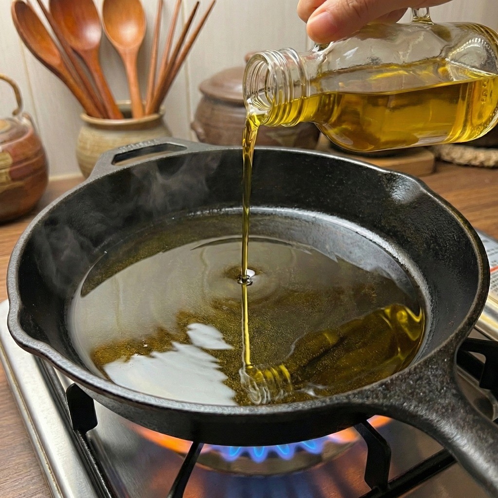 프라이팬을 달군 후 고소한 들기름을 넉넉하게 두르는 조리 과정