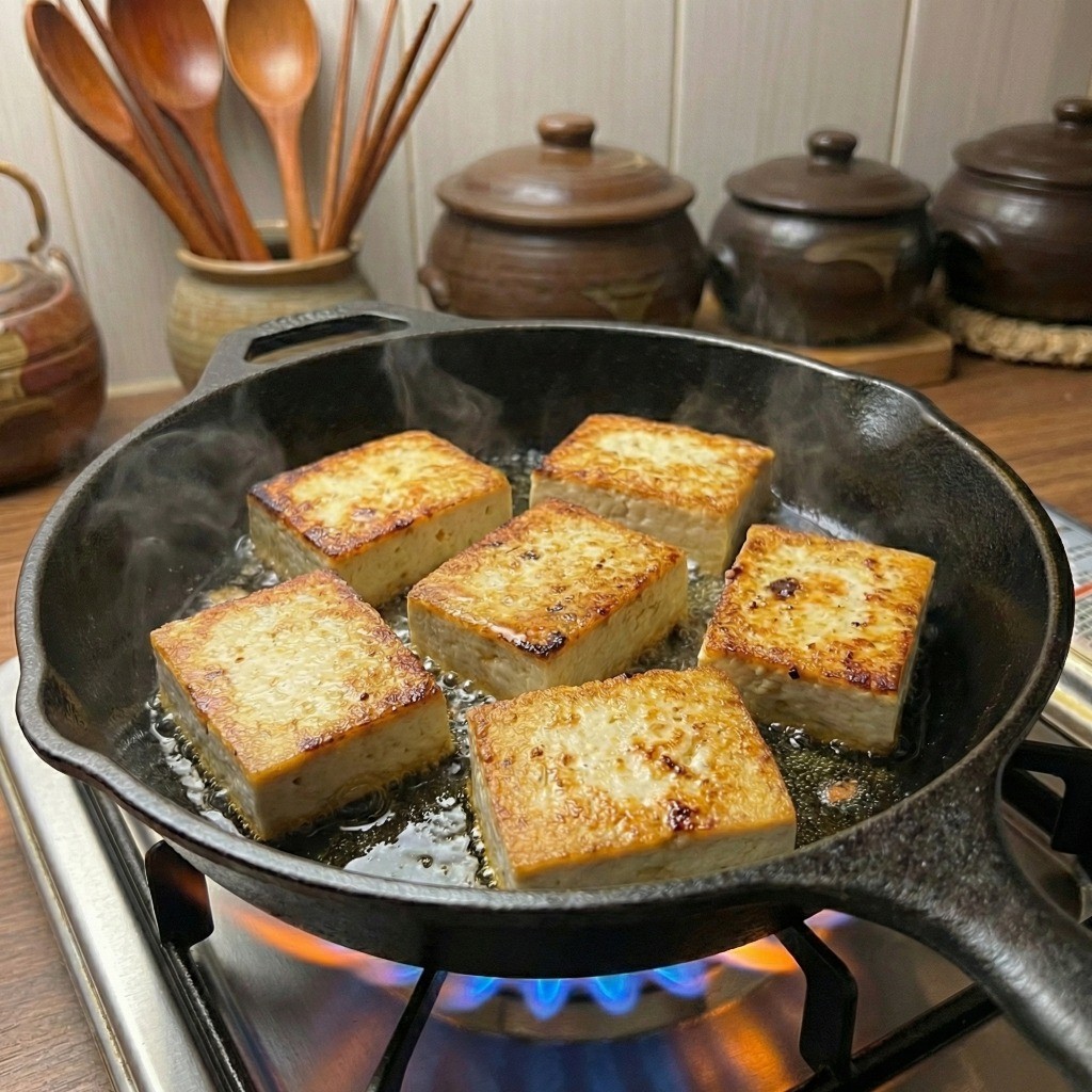 두꺼운 두부를 들기름에 튀기듯 노릇노릇하게 굽는 백종원 두부부침 조리 과정