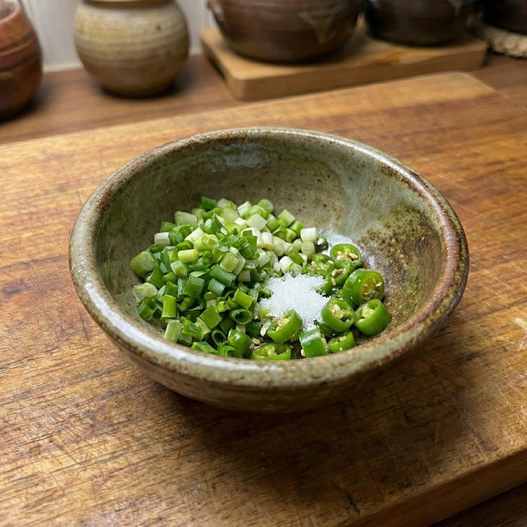 다진 대파와 청양고추, 설탕을 넣어 감칠맛을 내는 두부부침 마약 양념장 재료 준비