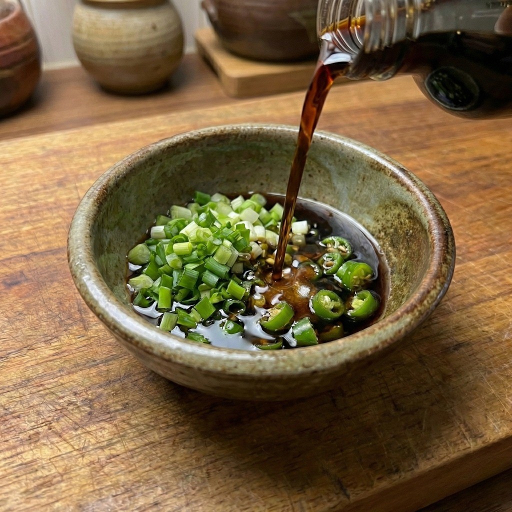 채소가 살짝 잠길 정도로 진간장을 자박하게 부어 만든 특제 양념장