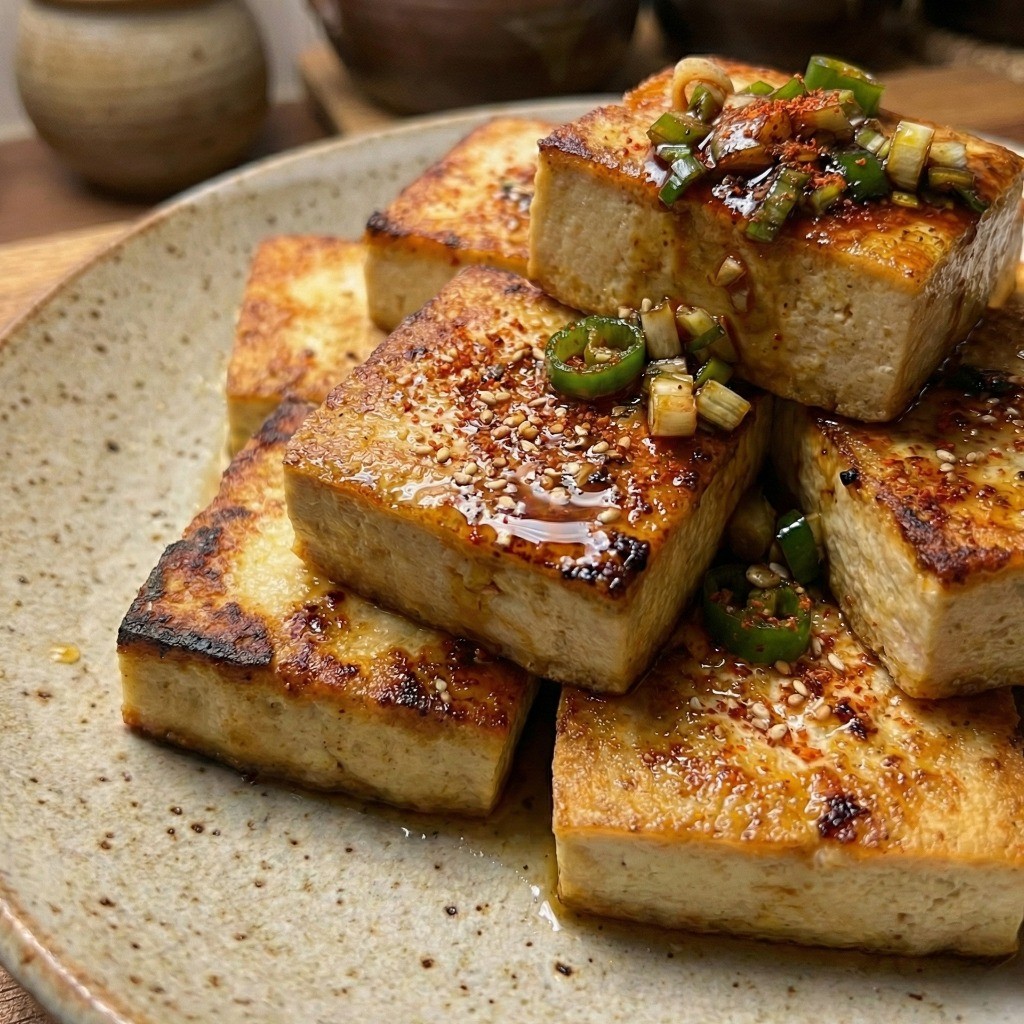 바삭하게 구워진 들기름 두부구이 위에 매콤달콤한 양념장을 듬뿍 올린 완성 요리