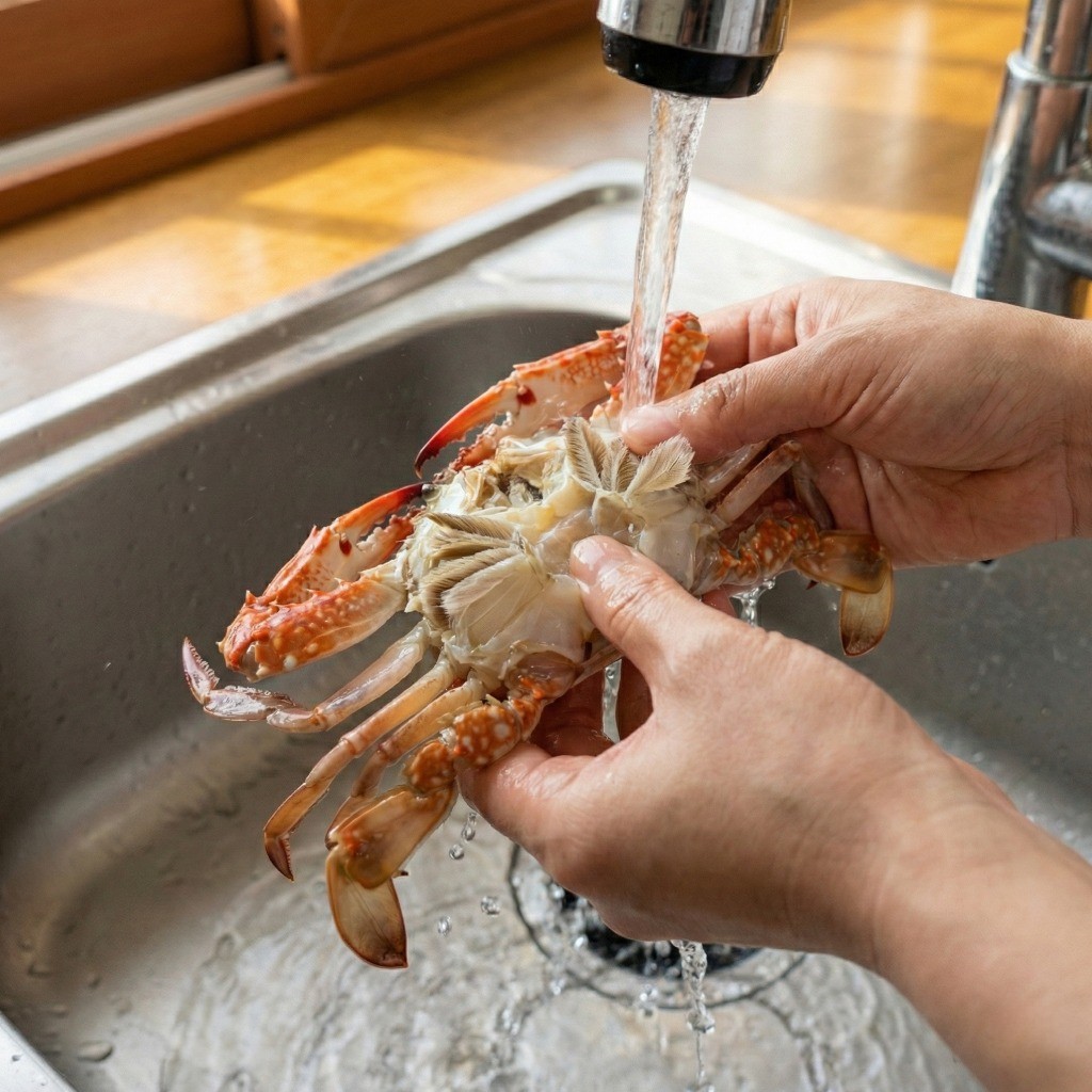냉동 꽃게 손질법 - 등딱지 분리 및 아가미 제거 과정